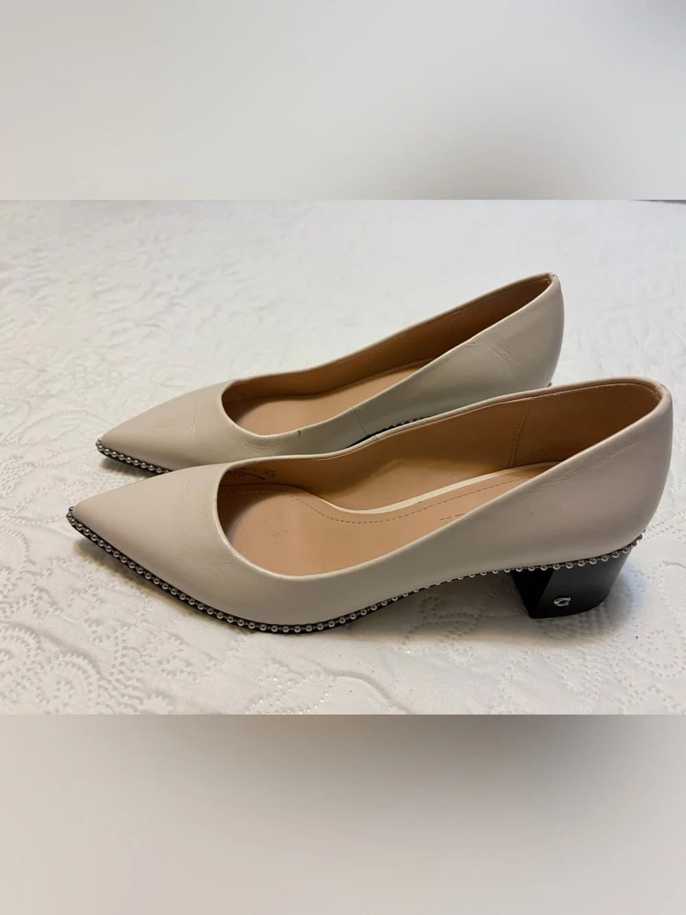 Coach Villa Pumps Ivory Pointed-Toe Low Block Heel with Silver Bead Trim
